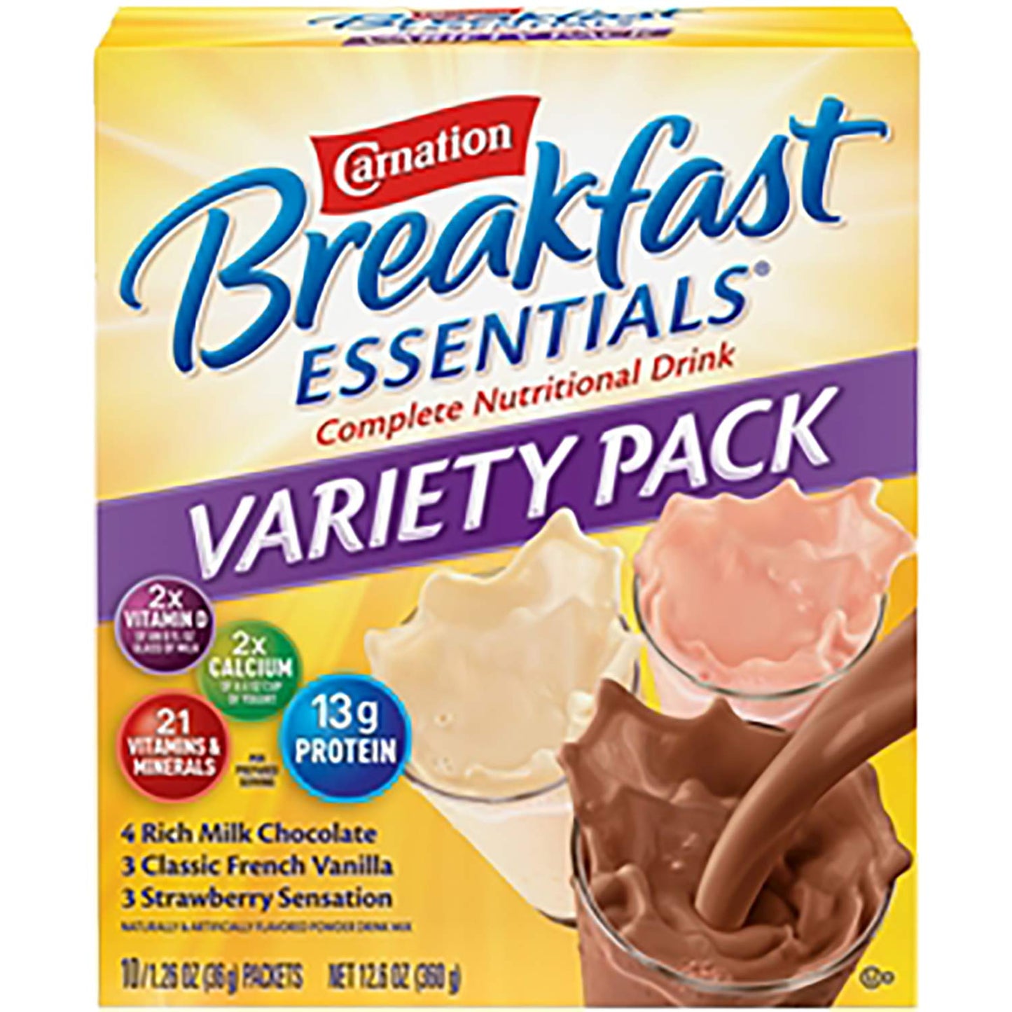 Carnation Breakfast Essentials Powder Drink Mix Variety Pack, Complete Nutritional Drink, 10 Count Box of 1.26 oz Packets (Pack of 2)
