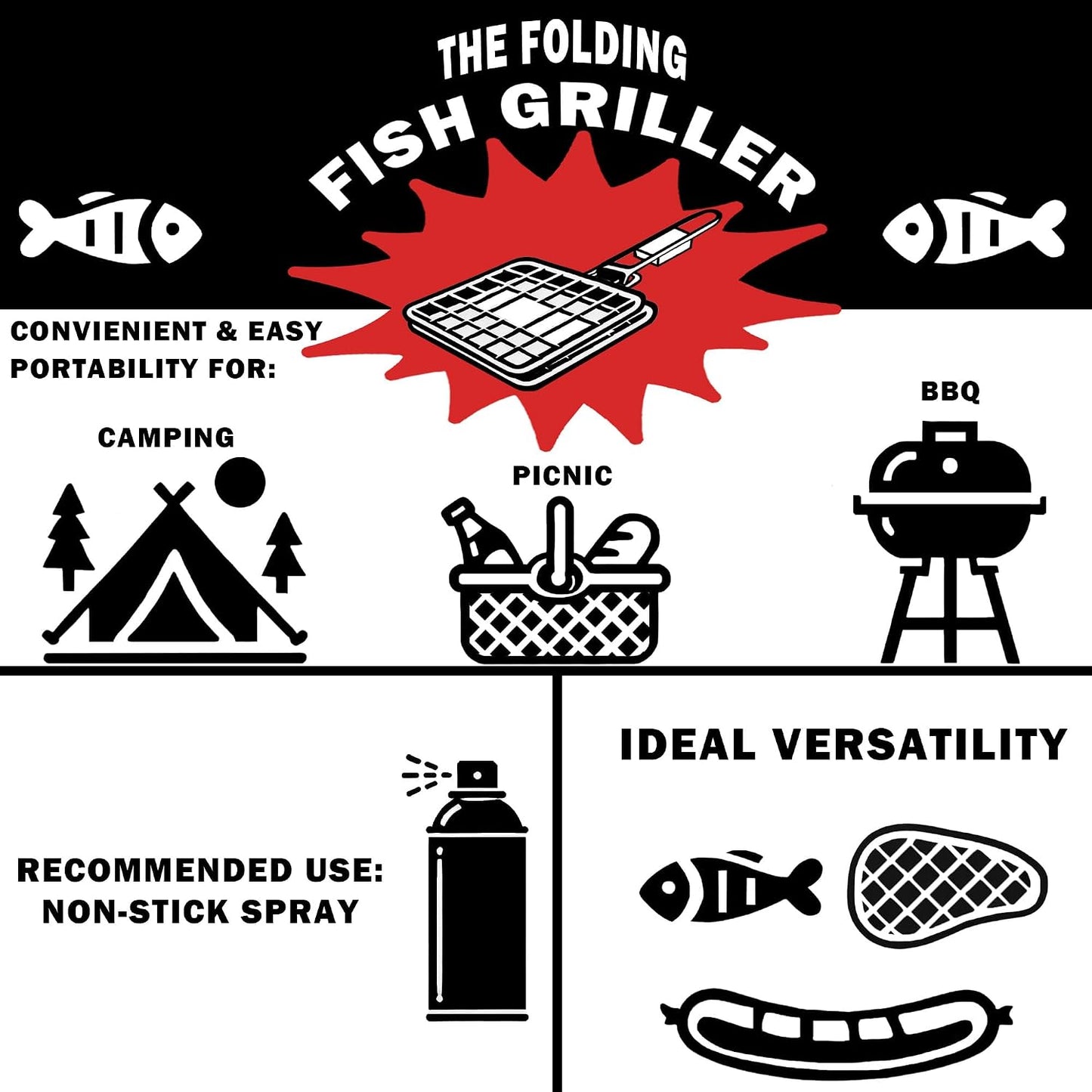 Folding Grilling Basket with Lock and Handle | Fish Basket for Grilling 8” x 8” with 11.25” Handle