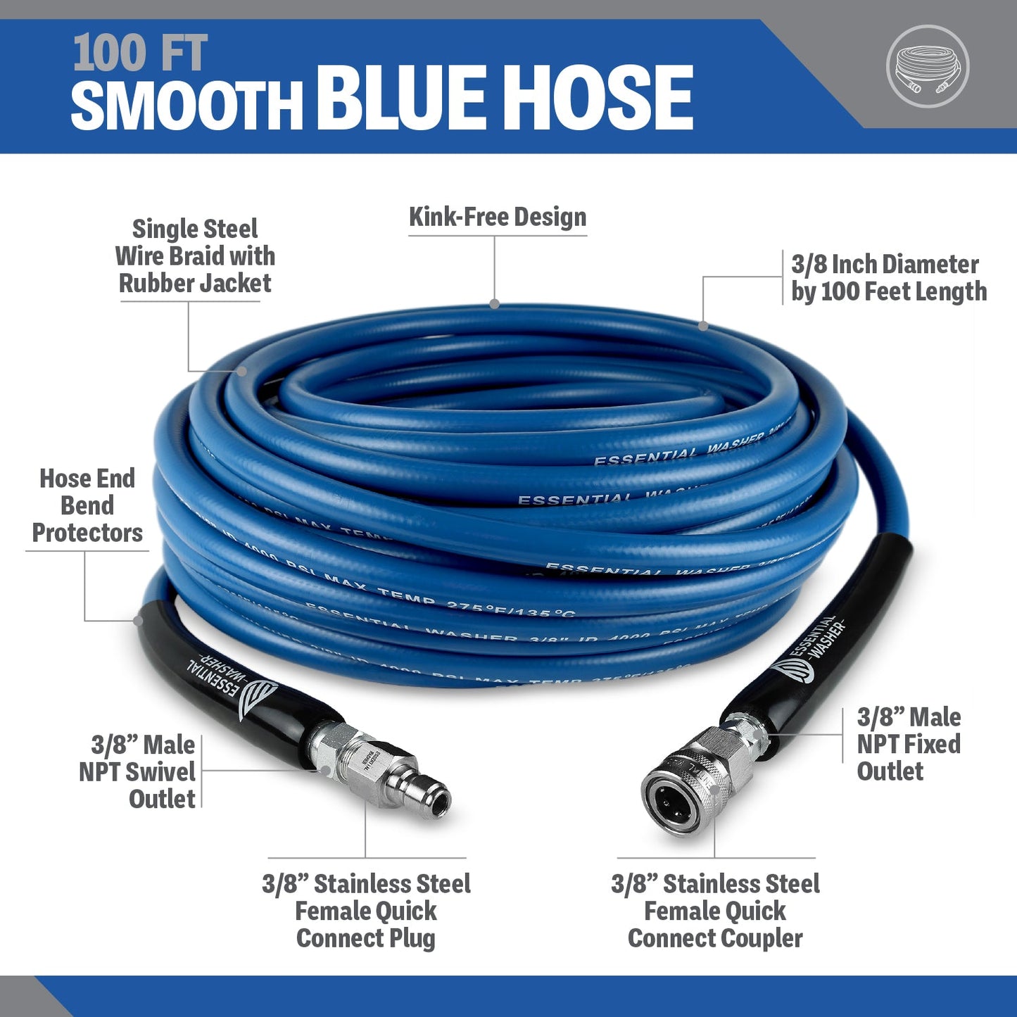 100 FT Blue Pressure Washer Hose | 3/8" Flexibility With Stainless Steel Fittings