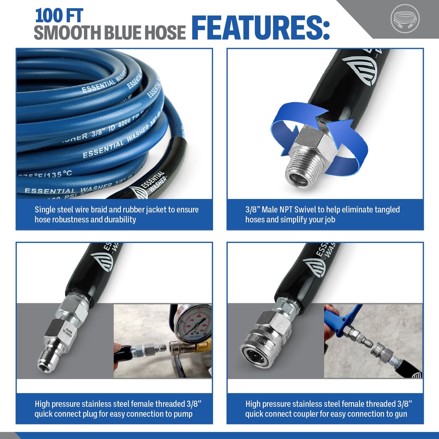 100 FT Blue Pressure Washer Hose | 3/8" Flexibility With Stainless Steel Fittings