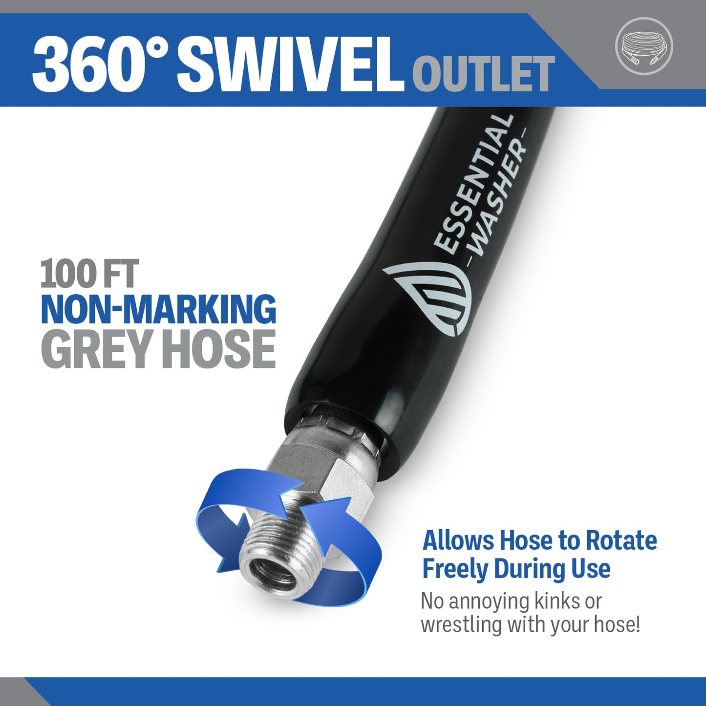 100 FT Grey Pressure Washer Hose | 3/8" Flexibility With Stainless Steel Fittings