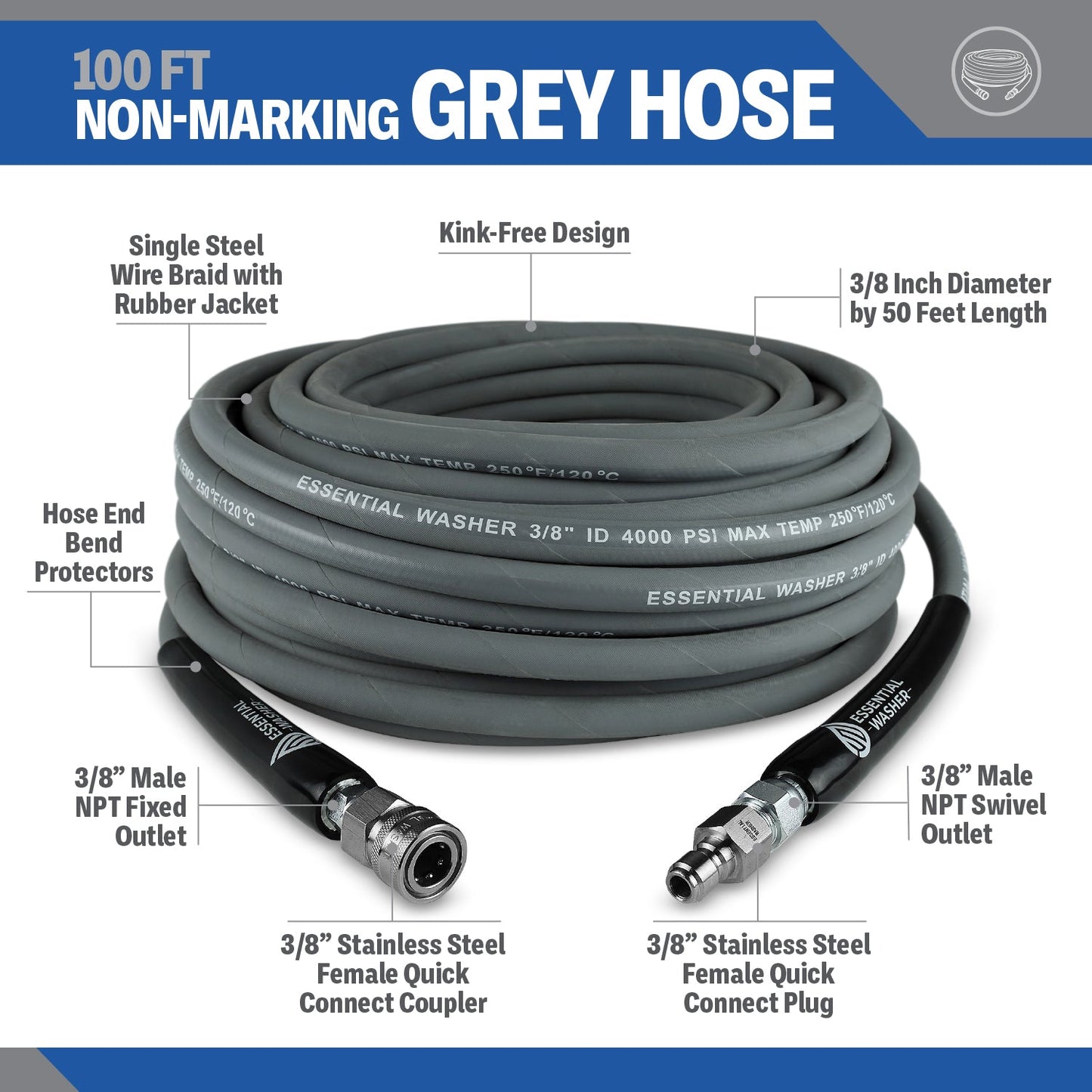 100 FT Grey Pressure Washer Hose | 3/8" Flexibility With Stainless Steel Fittings