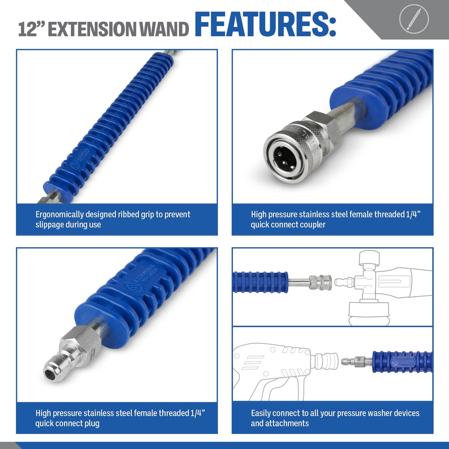 12" Professional Grade Pressure Washer Extension Wand | Stainless Steel With Fittings