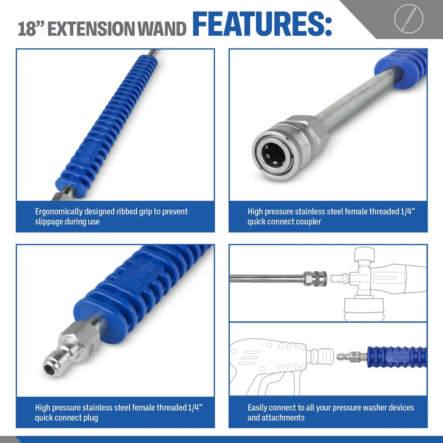 18" Premium Pressure Washer Extension Wand | Stainless Steel, High Performance Cleaning