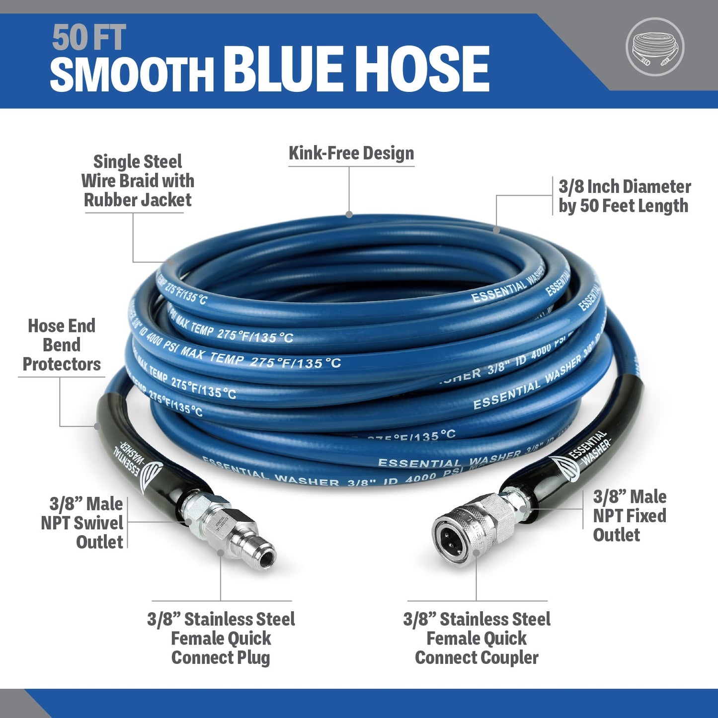 50 FT Blue Pressure Washer Hose | 3/8" Flexibility With Stainless Steel Fittings