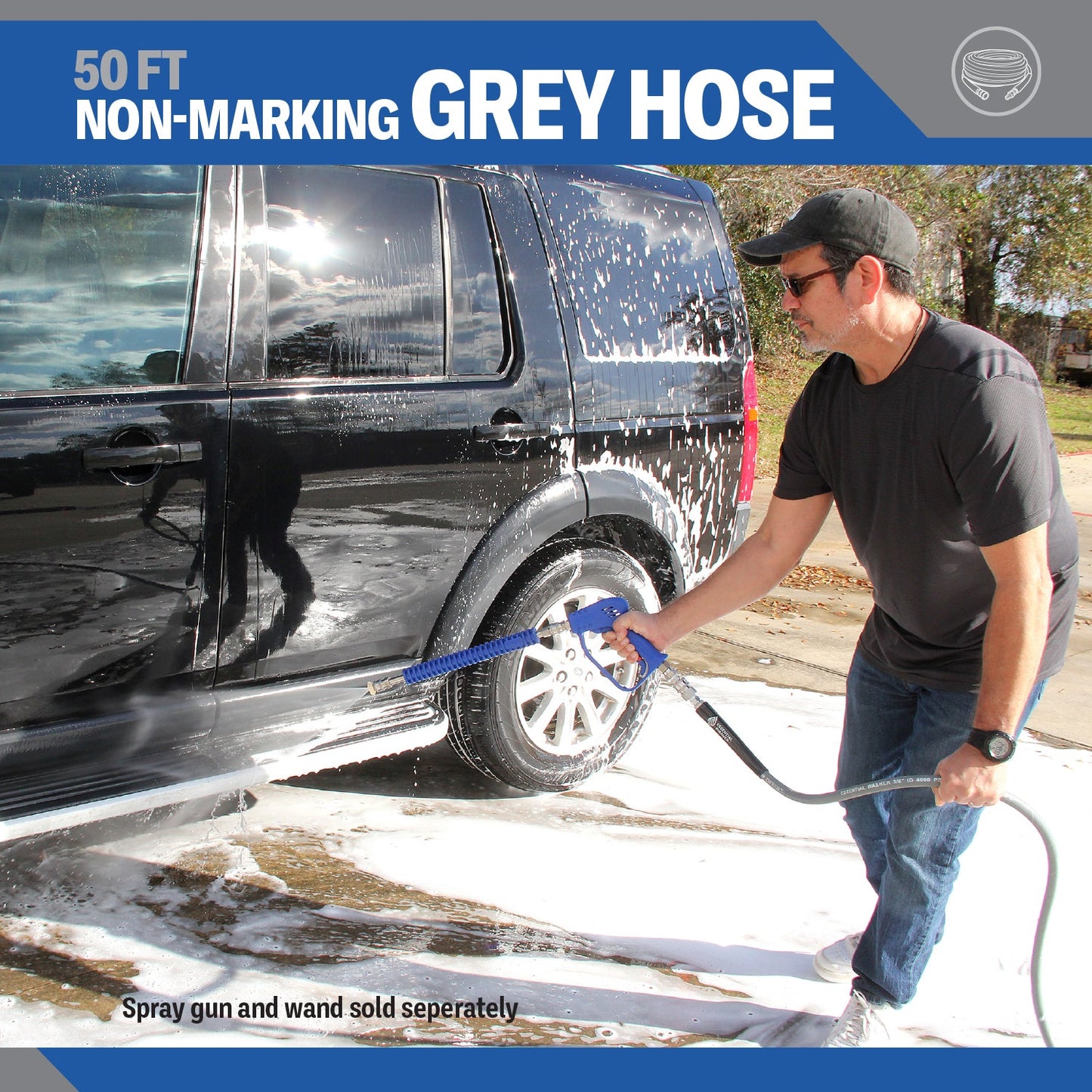 50 FT Grey Pressure Washer Hose | 3/8" Flexibility With Stainless Steel Fittings