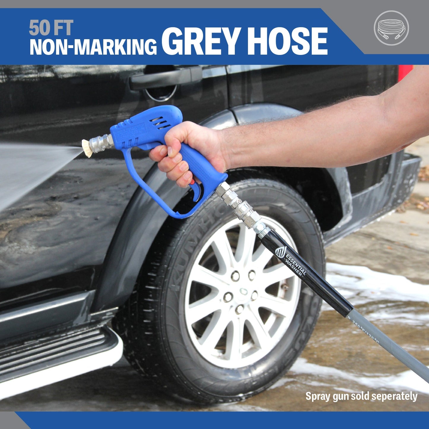 50 FT Grey Pressure Washer Hose | 3/8" Flexibility With Stainless Steel Fittings