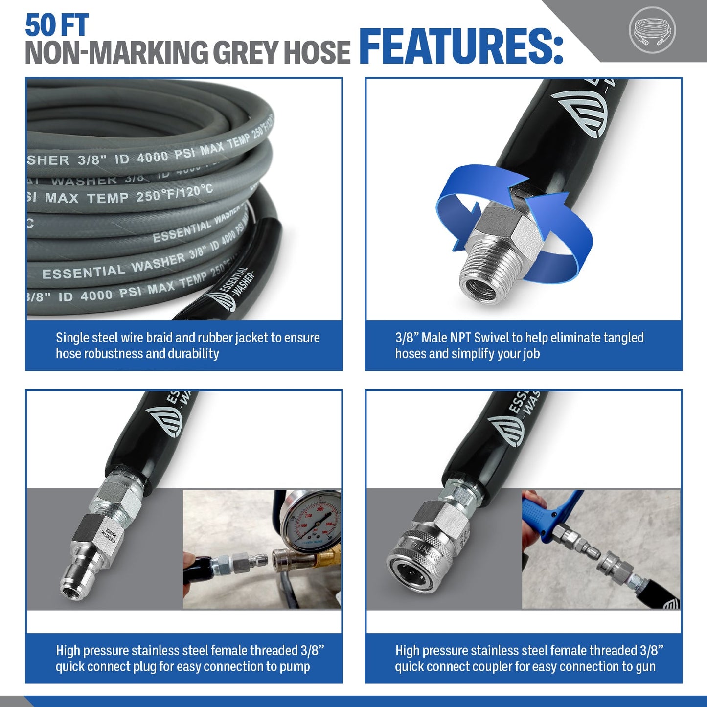 50 FT Grey Pressure Washer Hose | 3/8" Flexibility With Stainless Steel Fittings