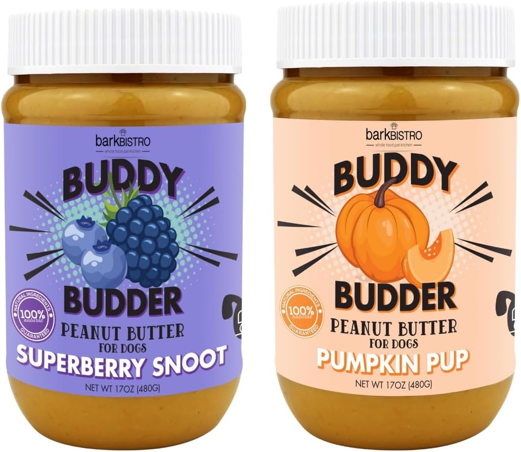 BUDDY BUDDER Bark Bistro Company, Ruff Ruff Raw, 100% Natural Dog Peanut Butter, Healthy Peanut Butter Dog Treats, Dog Enrichment, Dog Pill Pocket, Made in USA, (17 oz Jars)