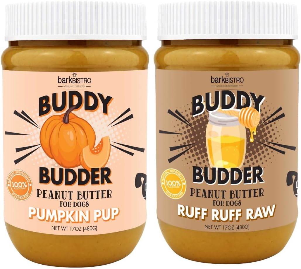 Buddy BUDDER Bark Bistro Company, Ruff Ruff Raw + Pumpkin Pup, Dog Peanut Butter, Healthy Dog Treat, Dog Enrichment, 100% Natural Dog Peanut Butter - Made in USA (Set of 2/ 17oz Jars)