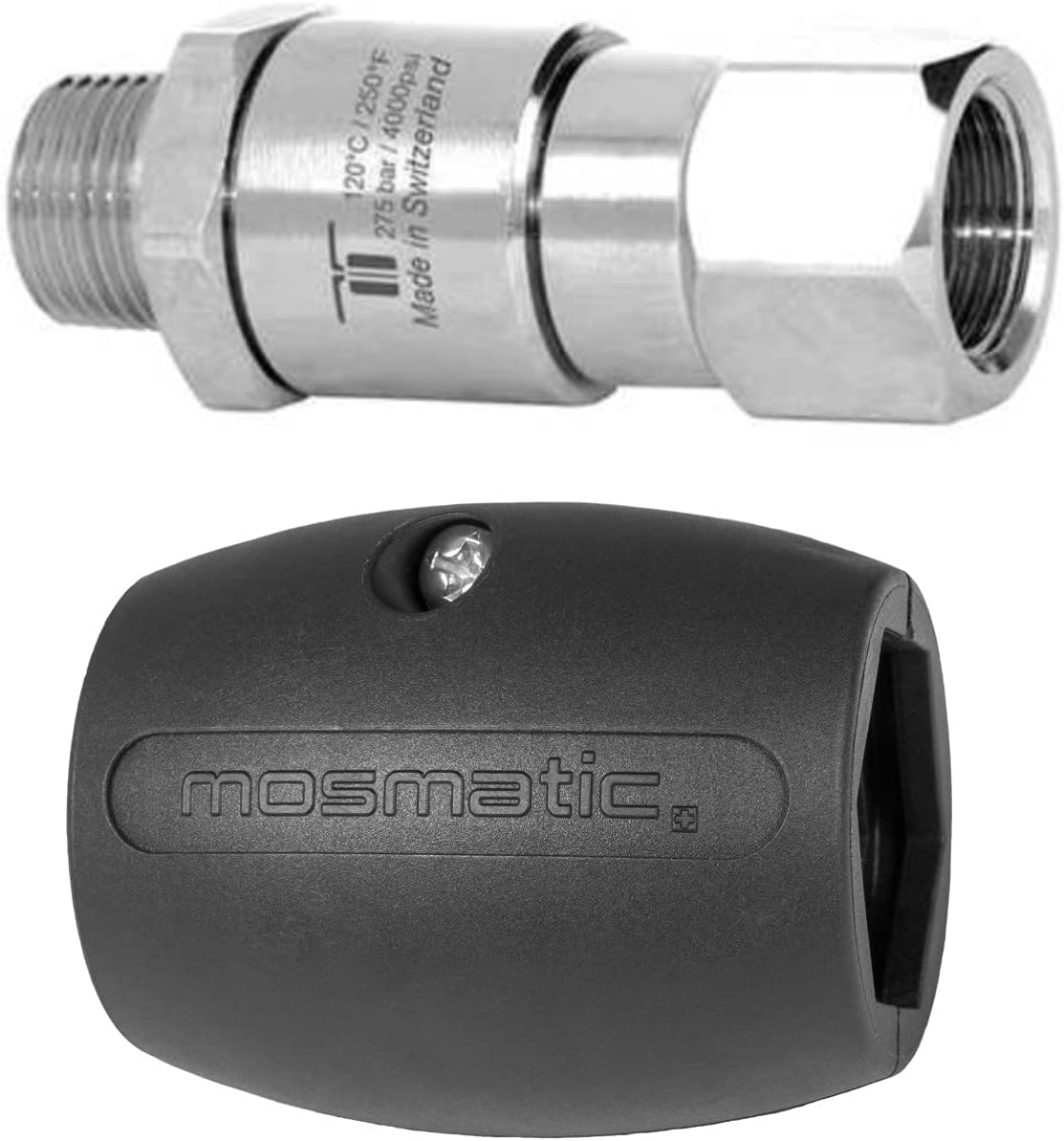 Mosmatic Live Pressure Stainless Steel Spray Gun Swivel & Mosmatic DGV Heat Shield for Hot Water Pressure Washer Protection - Protect Yourself and Your Equipment - 4000 PSI 3/8" MPT X 3/8" FPT
