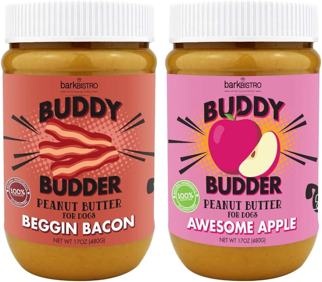 Buddy BUDDER Bark Bistro Company, Ruff Ruff Raw + Pumpkin Pup, Dog Peanut Butter, Healthy Dog Treat, Dog Enrichment, 100% Natural Dog Peanut Butter - Made in USA (Set of 2/ 17oz Jars)