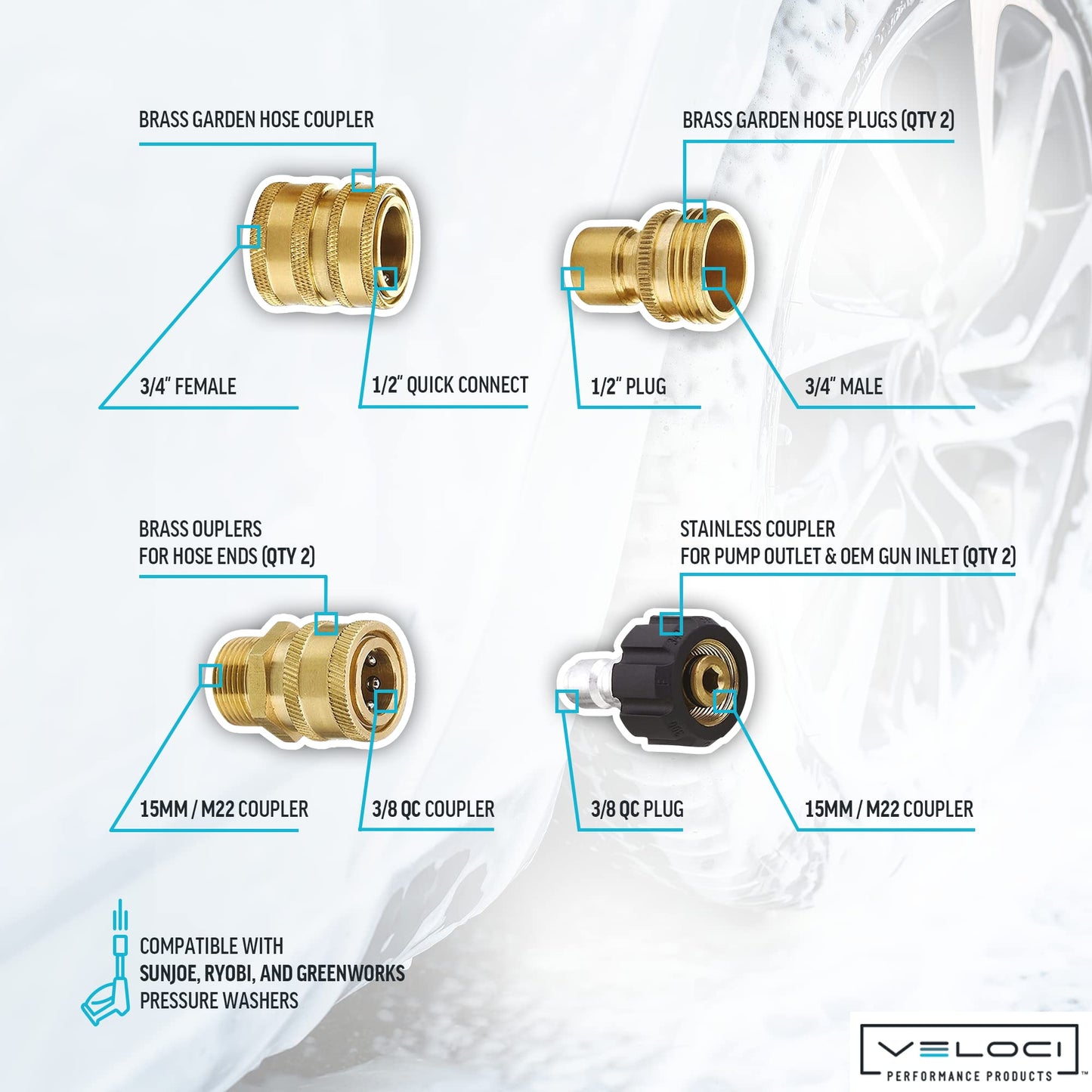 MTM Hydro Hose Adapter 7 Piece Pressure Washer Quick Connect Fittings Kit, Brass High Pressure Couplings and Connectors Adapters for Foam Cannons, Pressure Washers, and Hoses