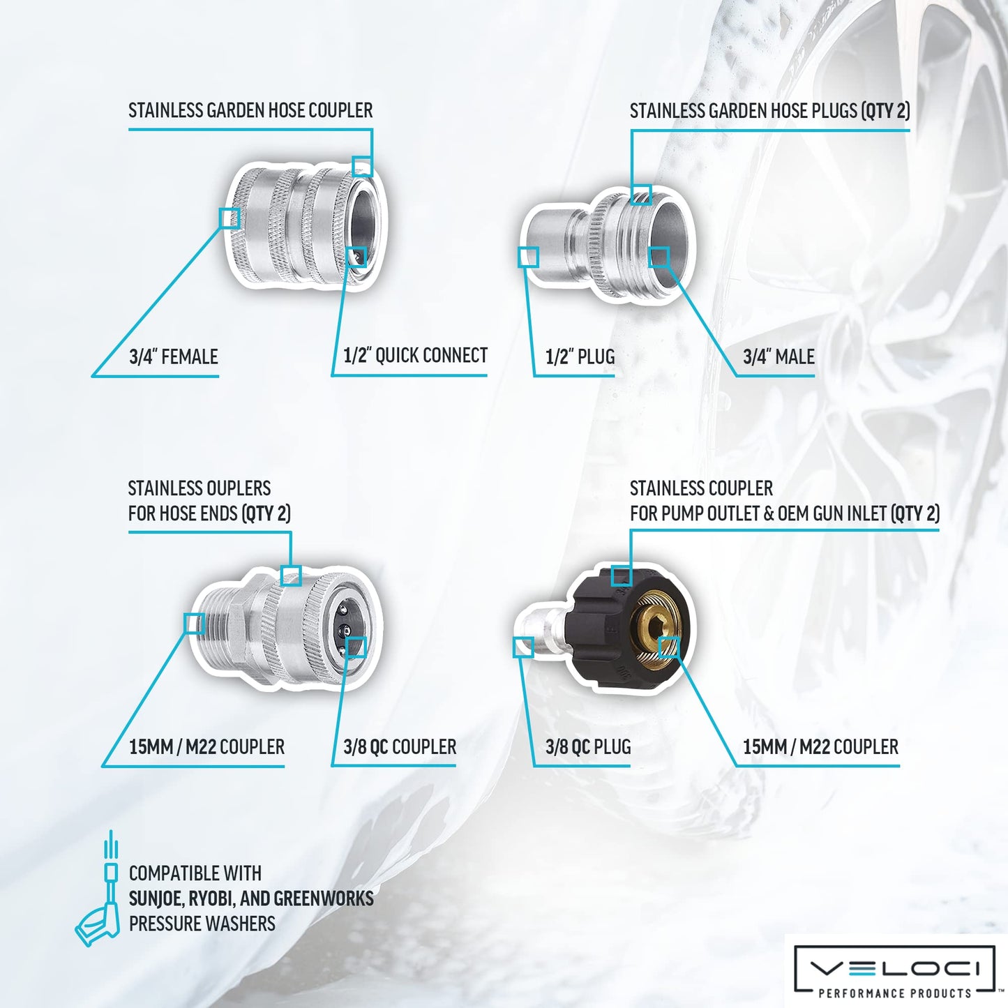MTM Hydro Hose Adapter 7 Piece Pressure Washer Quick Connect Fittings Kit, Stainless Steel High Pressure Couplings and Connectors Adapters for Foam Cannons, Pressure Washers, and Hoses