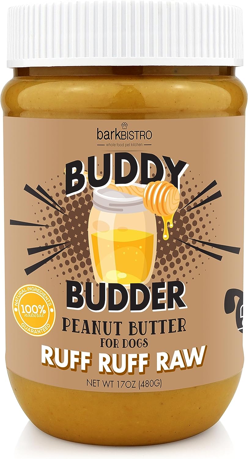 BUDDY BUDDER Bark Bistro Company, Ruff Ruff Raw, 100% Natural Dog Peanut Butter, Healthy Peanut Butter Dog Treats, Dog Enrichment, Dog Pill Pocket, Made in USA, (17 oz Jars)