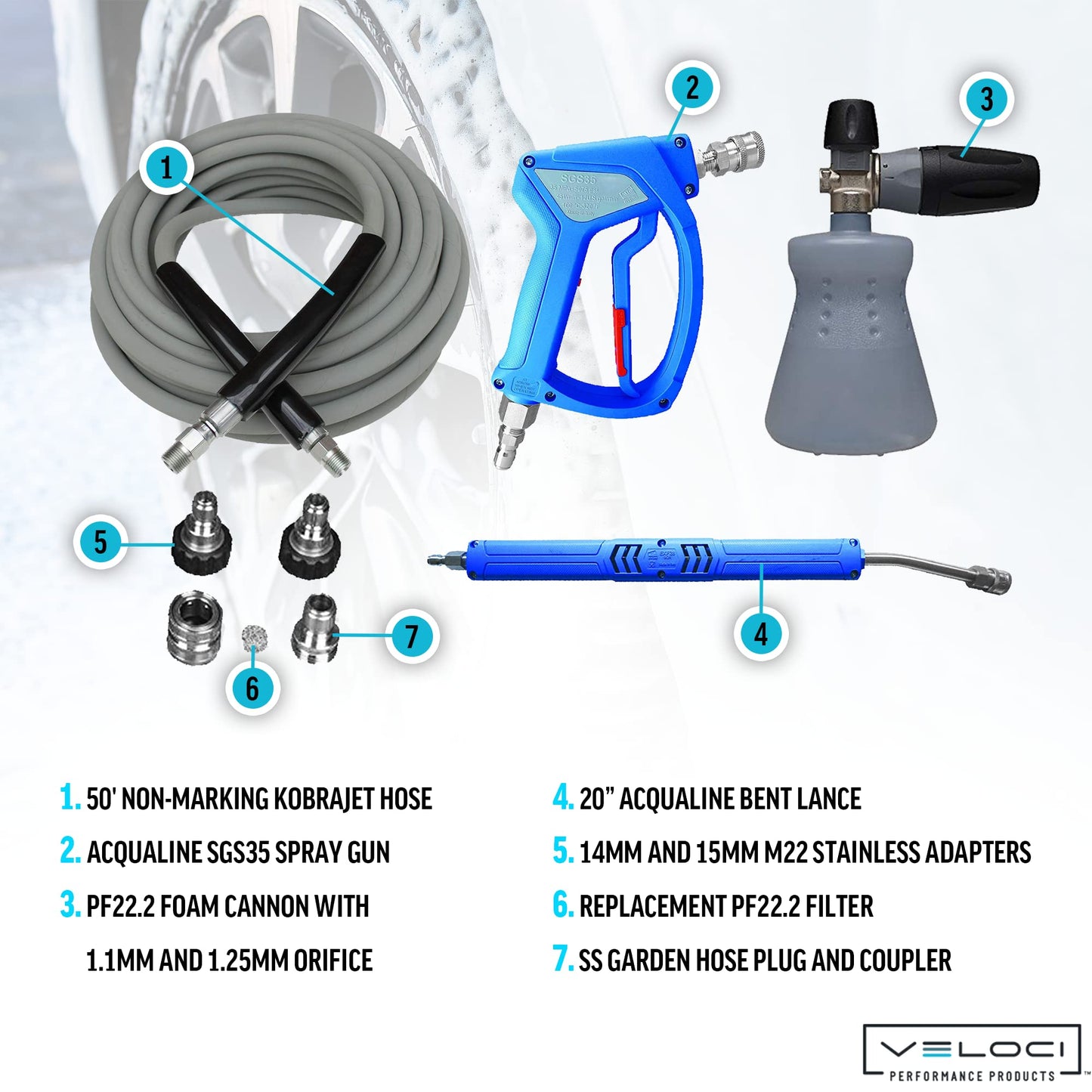 MTM Hydro Acqua Shine Car Detailing Kit PF22.2 Foam Cannon, Swivel Pressure Washer Car Wash Sprayer Gun, Foam Lance, 50? Non-Marking Gray Pressure Washer Hose, and Stainless Steel Fittings