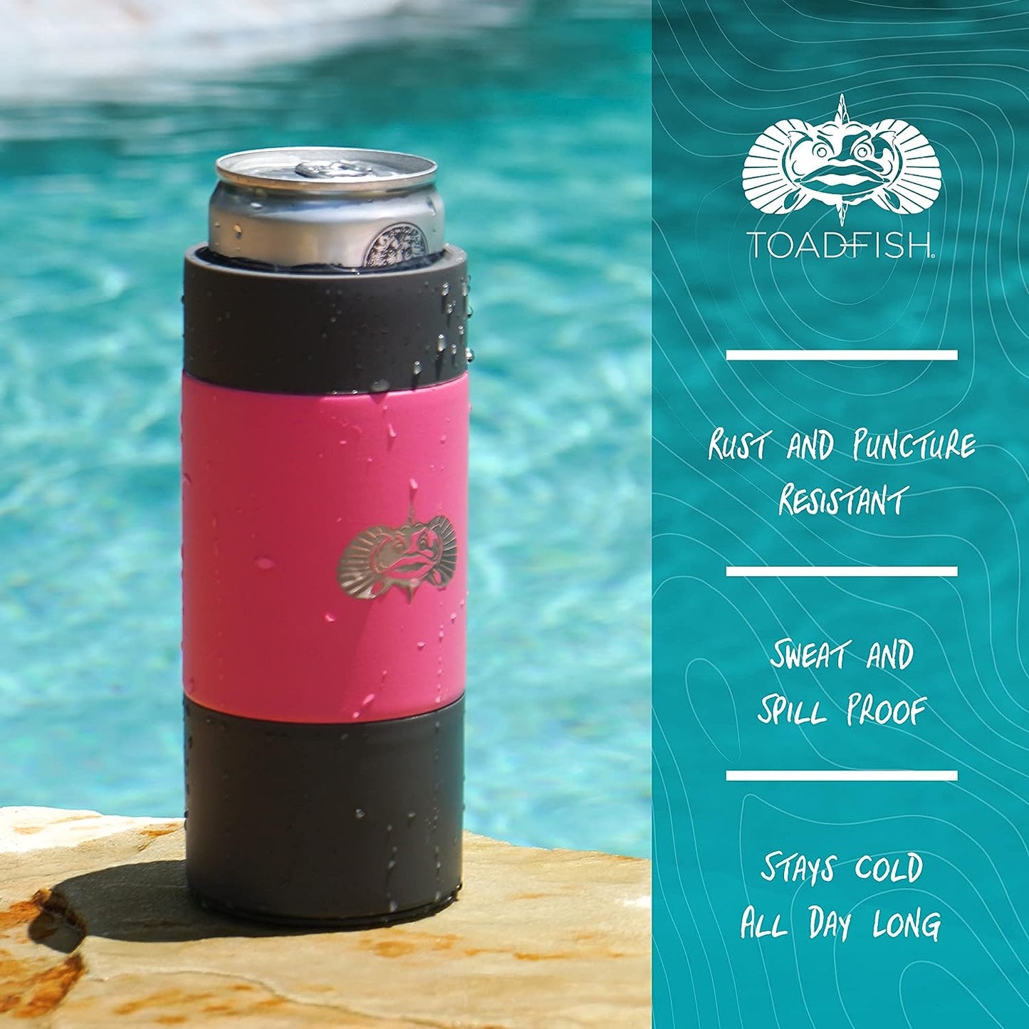 Toadfish Slim Non-Tipping Can Cooler for 12oz Cans - Suction Cup Cooler For Beer & Soda - Stainless Steel Double-Wall Vacuum Insulated Cooler - Sturdy Beverage Holder - 2-Pack (Pink)