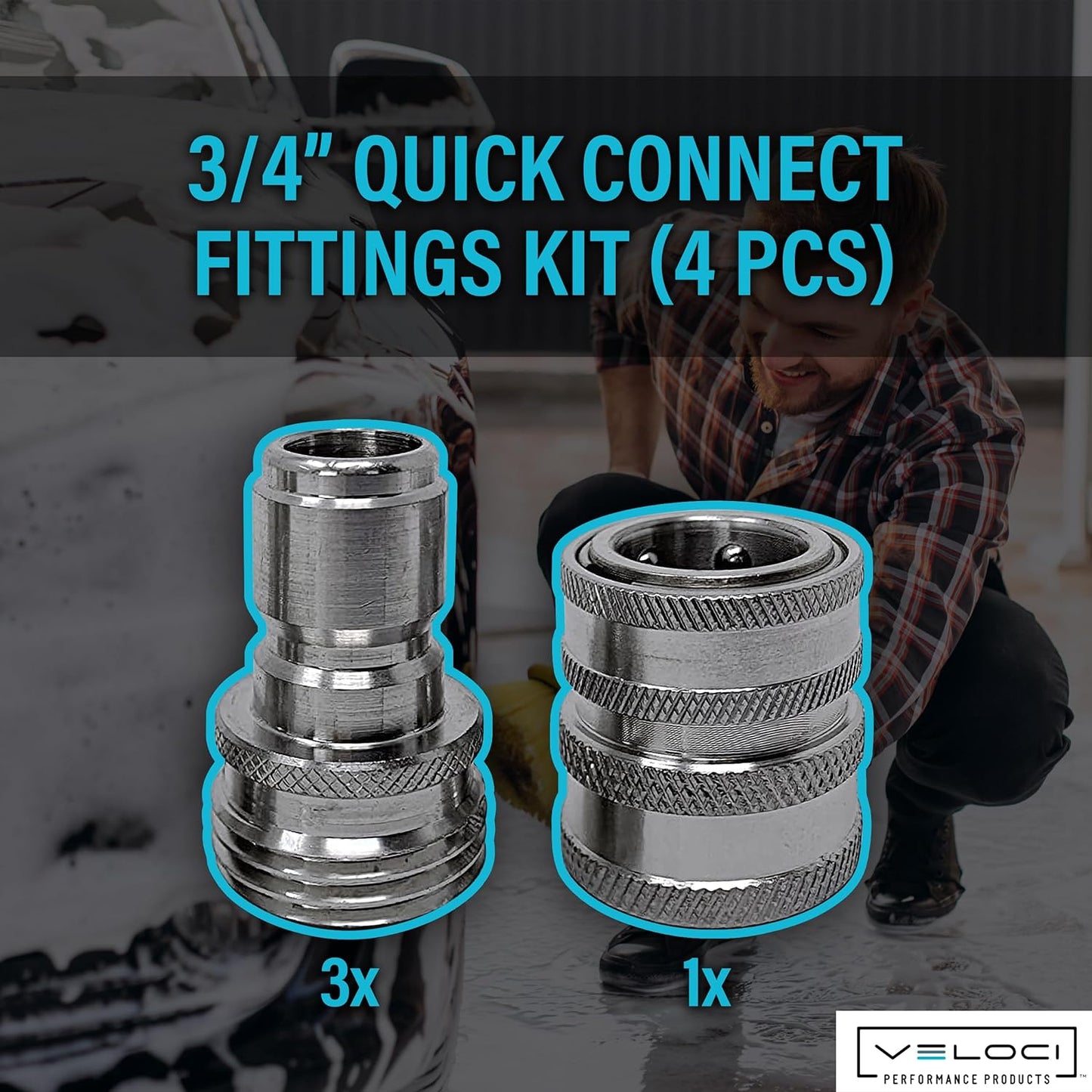 MTM Hydro Garden Hose Adapter 4 Piece 3/4” Quick Connect Fittings Kit, Stainless Steel High Pressure Couplings and Connectors for Pressure Washers and Car Detailing, 1x3