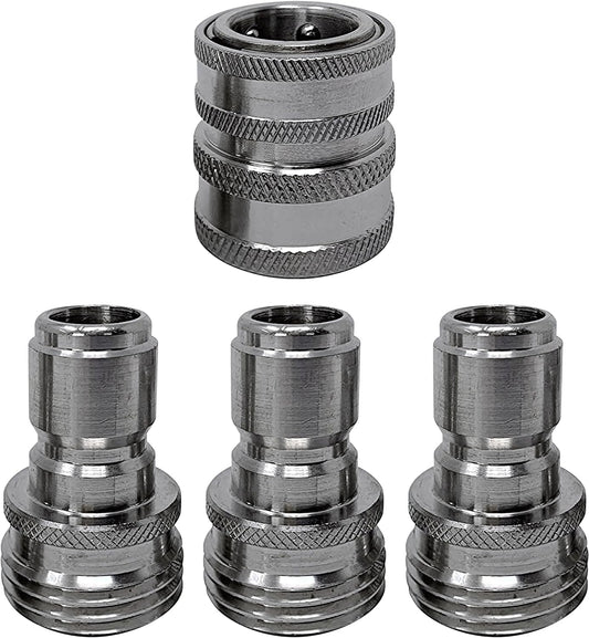 MTM Hydro Garden Hose Adapter 4 Piece 3/4” Quick Connect Fittings Kit, Stainless Steel High Pressure Couplings and Connectors for Pressure Washers and Car Detailing, 1x3