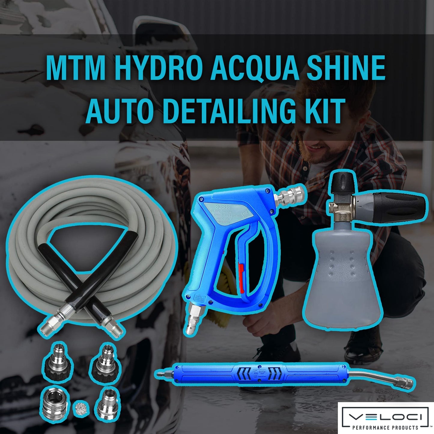MTM Hydro Acqua Shine Car Detailing Kit PF22.2 Foam Cannon, Swivel Pressure Washer Car Wash Sprayer Gun, Foam Lance, 50? Non-Marking Gray Pressure Washer Hose, and Stainless Steel Fittings