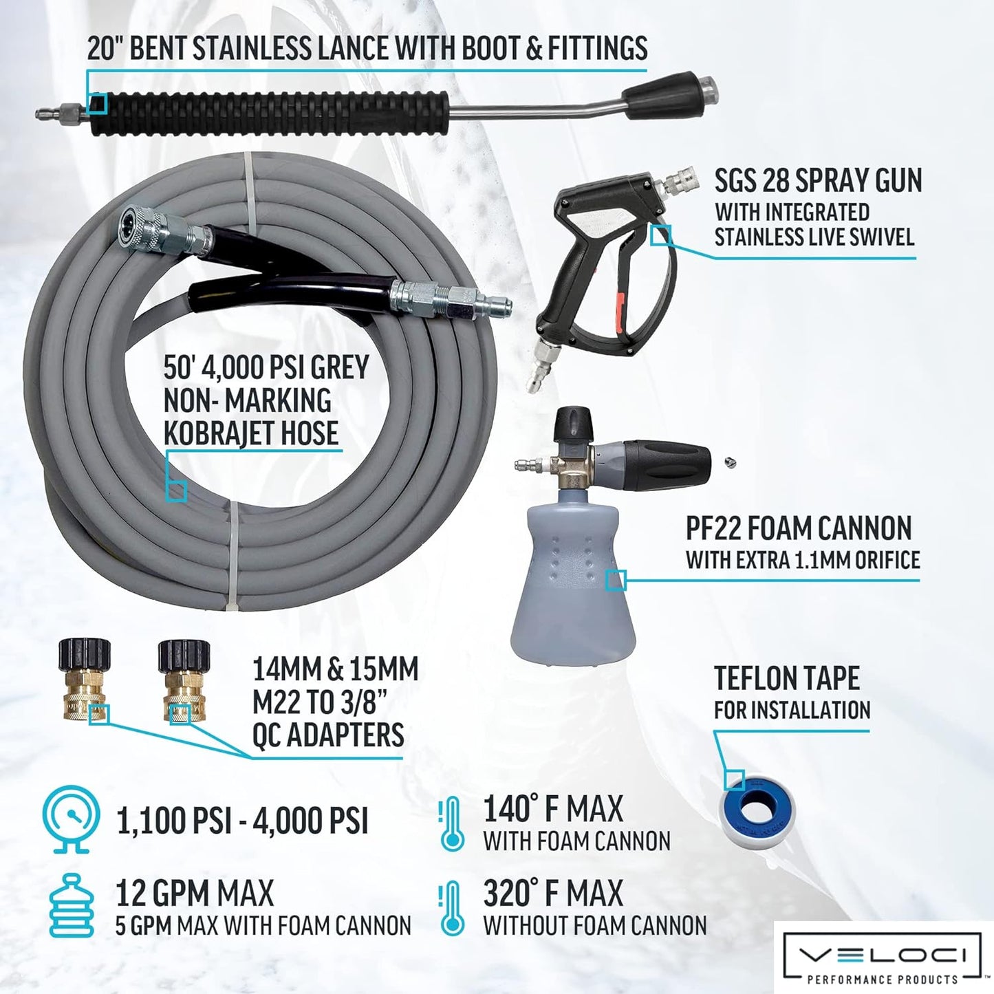 MTM Hydro PF22.2 Foam Cannon Kit, Pressure Washer Car Wash Sprayer Gun, High Pressure Foam Power Washer Attachment with Gray Hose and Extension Wand for Boat, Roof, Car Washing Detailing