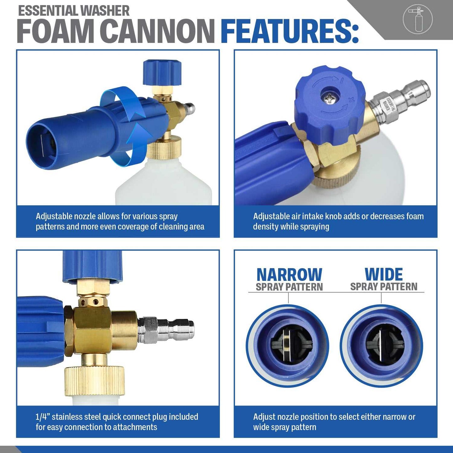 Heavy Duty Foam Cannon | High Pressure Washer Accessory With Stainless Steel QC Plug & Adjustable Features