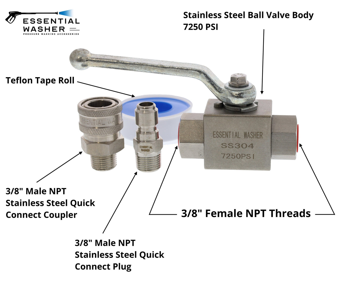 Stainless Steel High Pressure Ball Valve 7250 PSI | 2 Port 3/8" NPT Female With Coupler And Plug