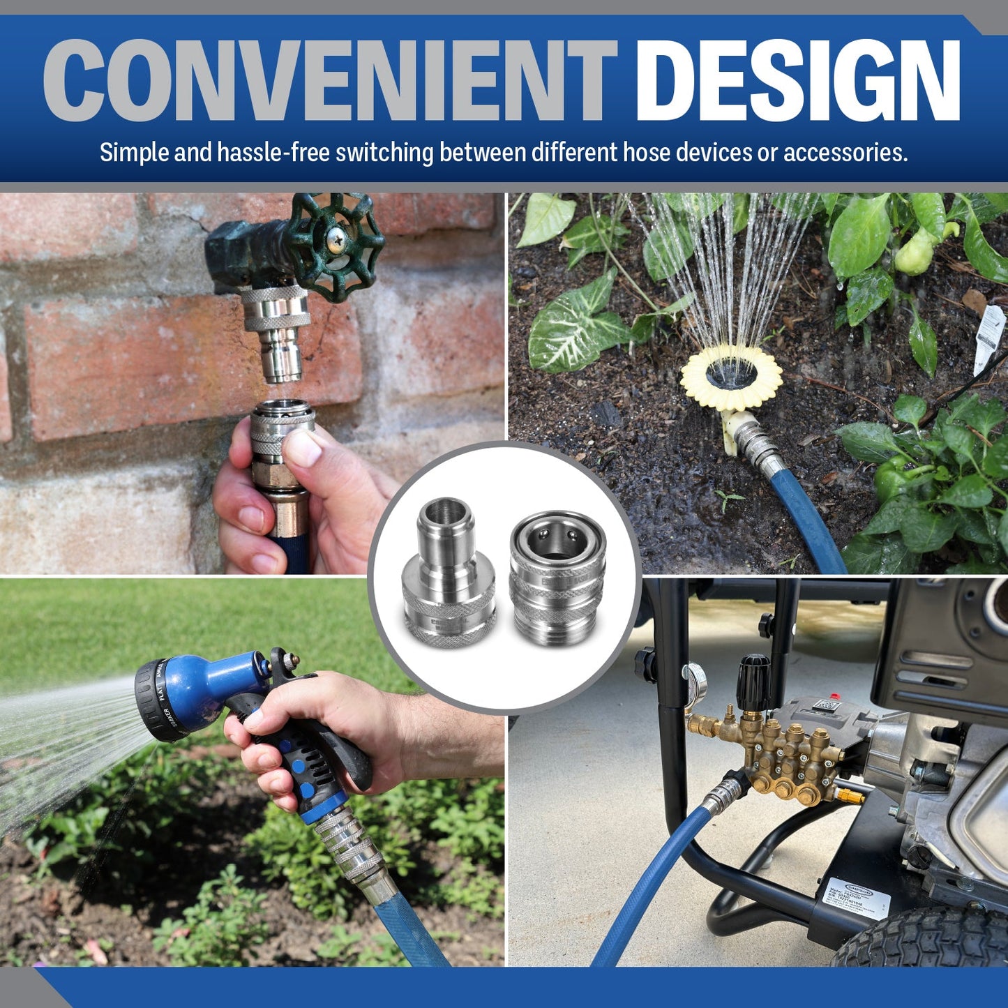 Redesigned 3/4" Garden Hose Quick Connect Set | Solid Stainless Steel Fittings
