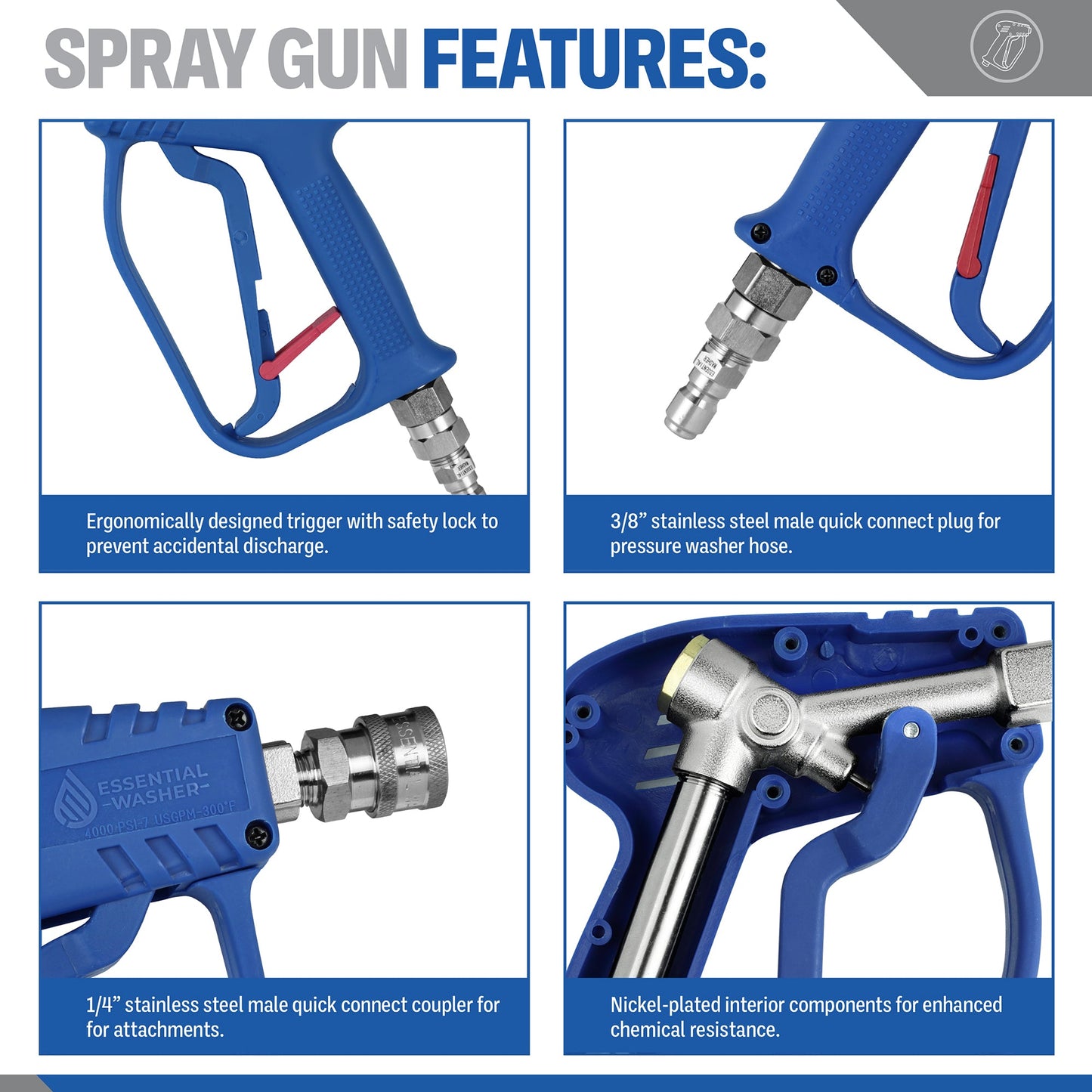 Premium 4000 PSI Pressure Washer Gun With Stainless Steel Swivel | 3/8" Male Plug and 1/4” Quick Connector Coupler