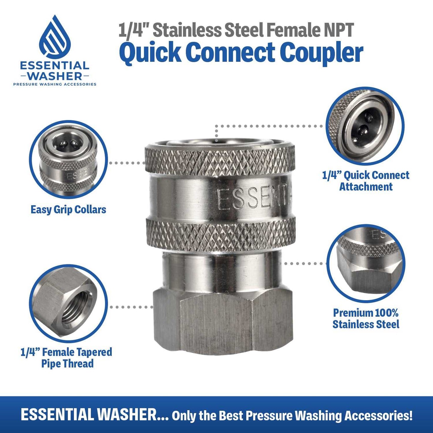 Stainless Steel Pressure Washer Quick Connect Fittings | Set of 2 | Female