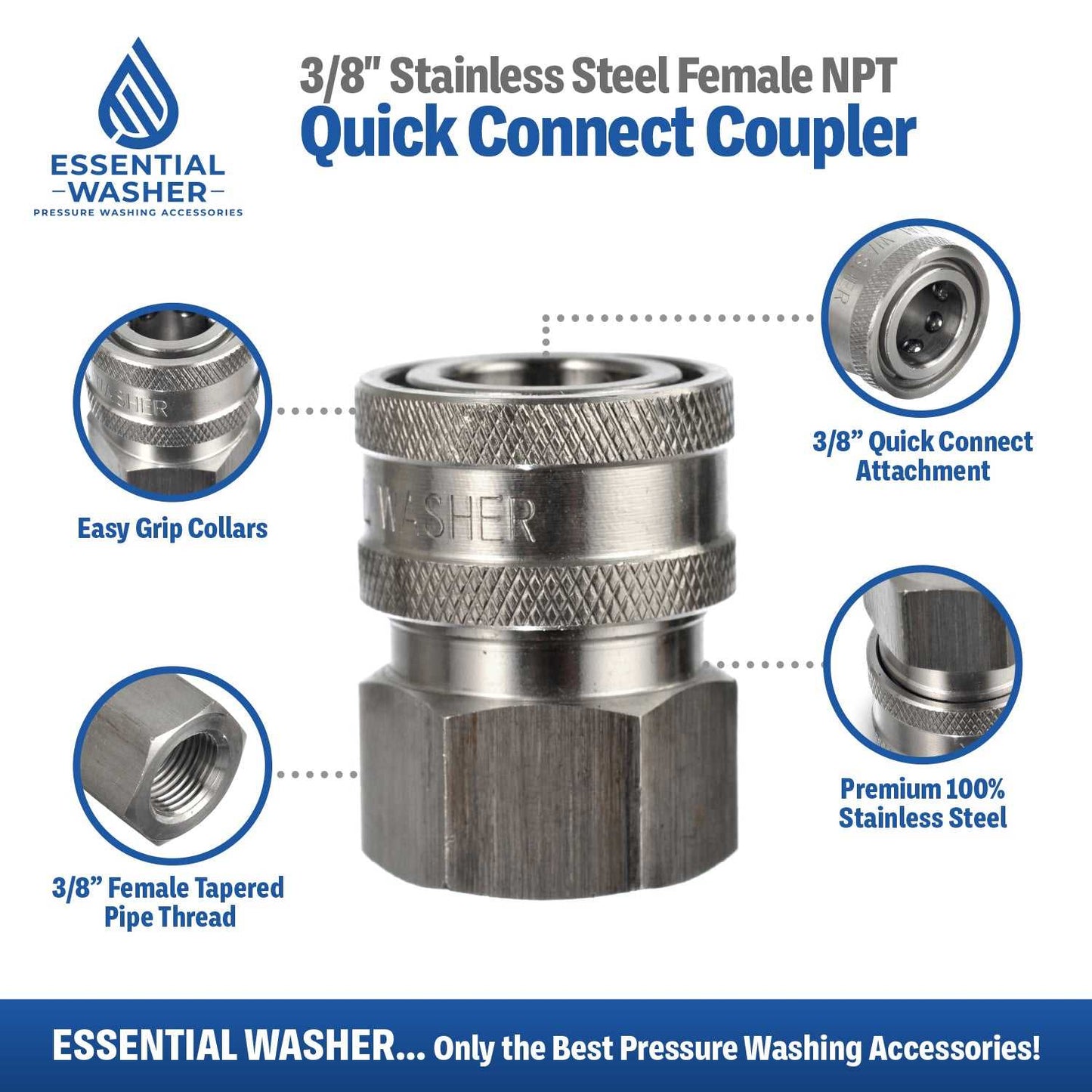 Stainless Steel Pressure Washer Quick Connect Fittings | Set of 2 | Female