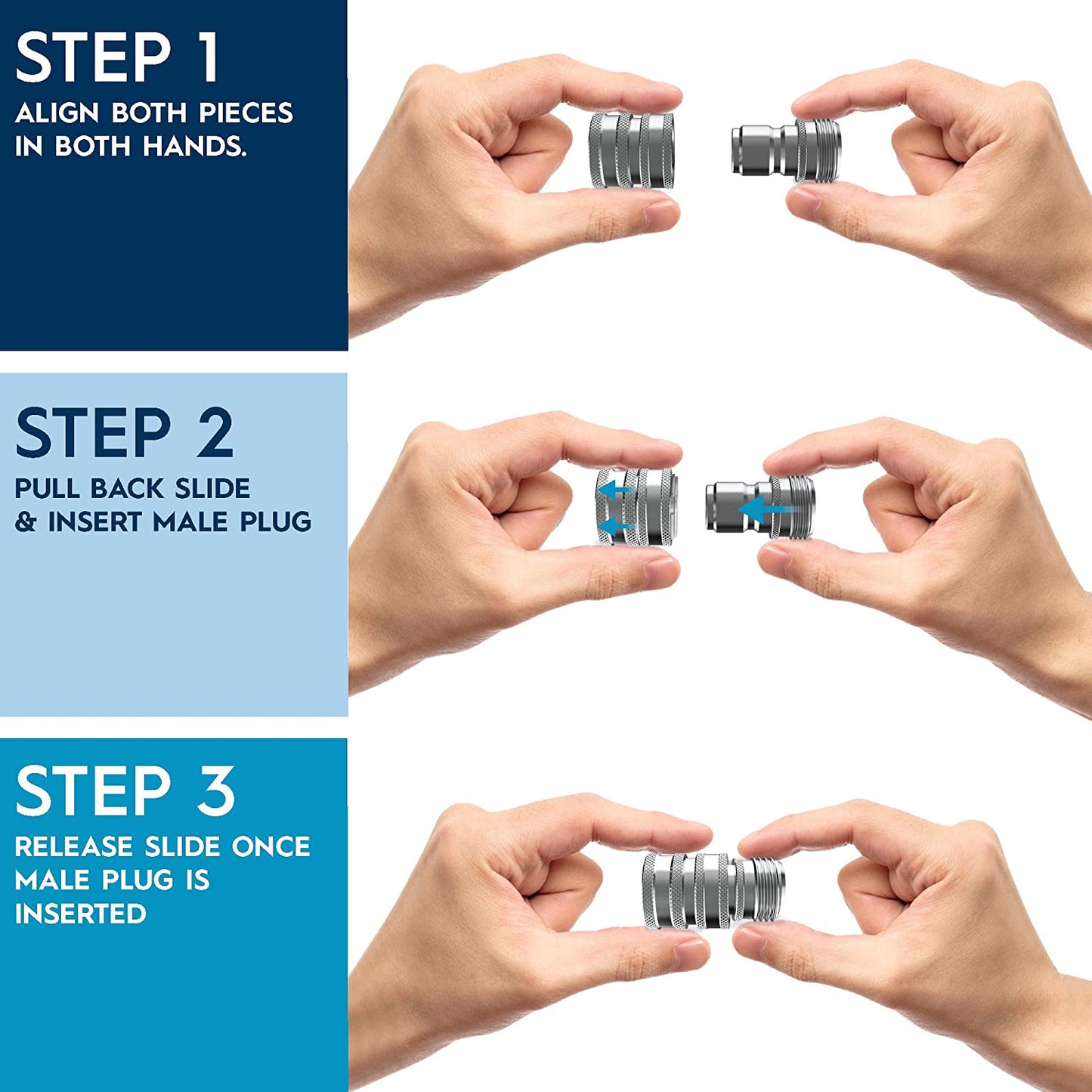Garden Hose Quick Connect Set | Solid Stainless Steel 3/4" Quick Connect Garden Hose Fittings | 3x3
