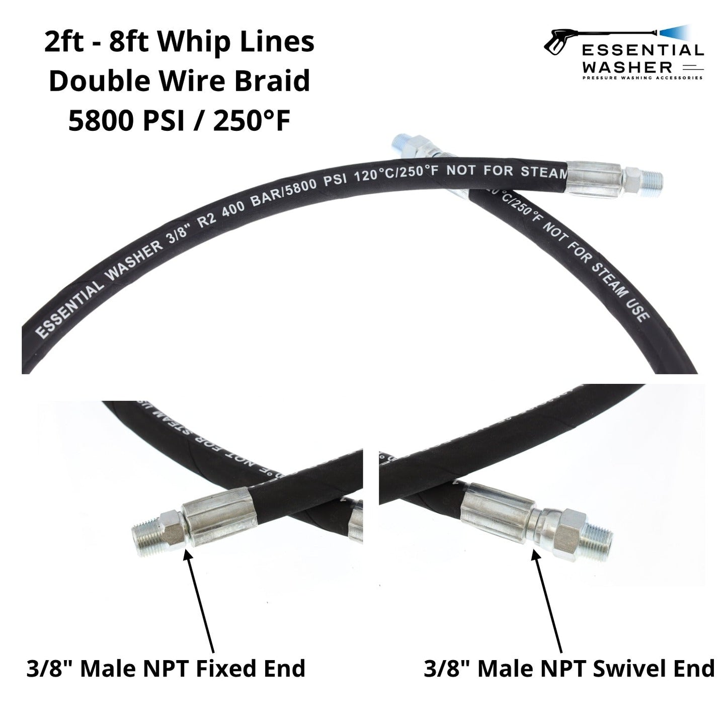 2 FT Whip Line for Pressure Washer Reel & Other Applications | 3/8" 5800 PSI Heavy Duty Commercial Grade