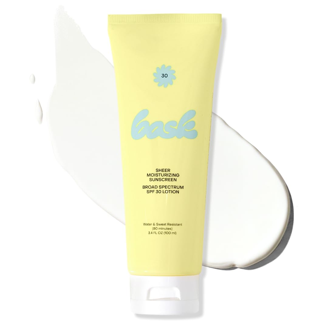 Bask SPF 30 Sheer Moisturizing Sunscreen Lotion - Broad Spectrum UVA/UVB Protection, Dermatologist Recommended, Hydrating, Lightweight & Non-Greasy, No White Cast, Travel Size, 3.4 fl oz