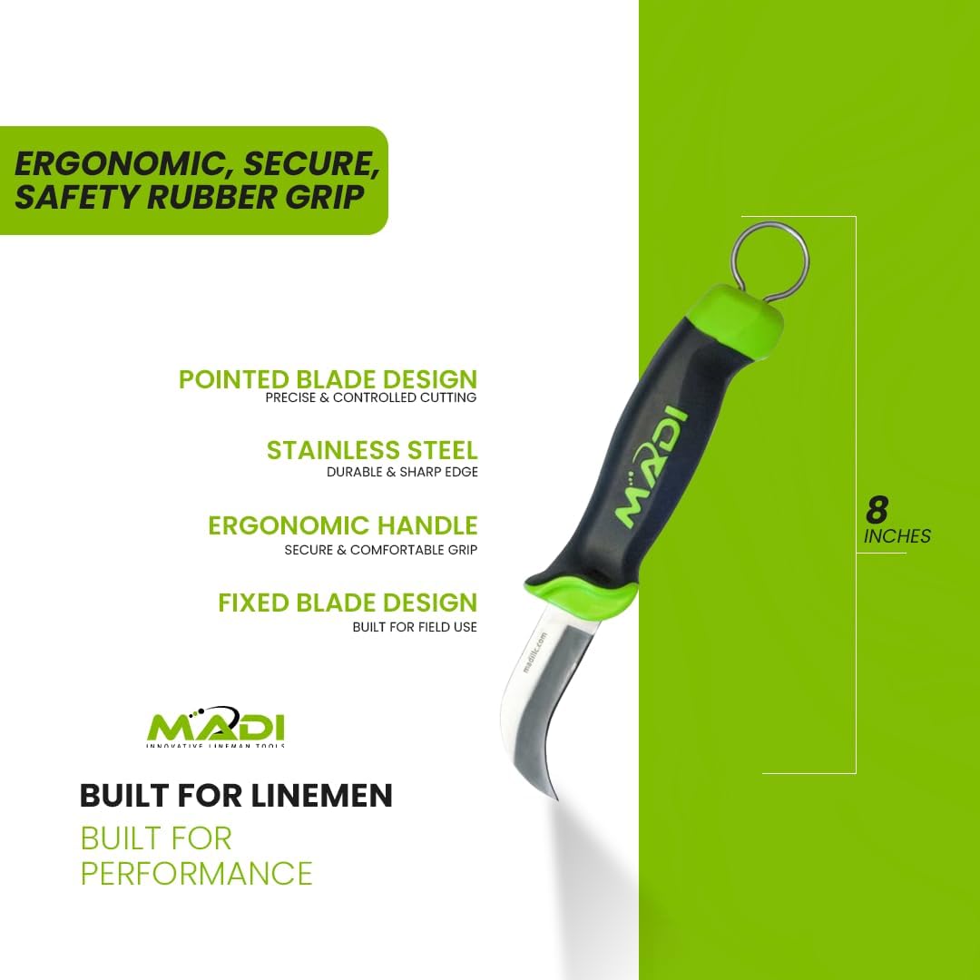 MADI FBSK-1 Fixed Blade Skinning Knife – Pointed Utility Blade for Linemen, Electrical & Utility Work