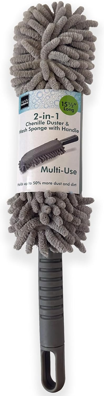 2-in-1 Chenille Car Interior Duster & Mesh Sponge with Handle | Car Duster for Wet & Dry Cleaning & Reusable