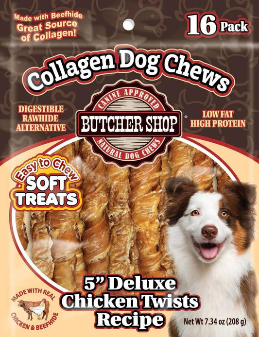 Butcher Shop 5 Inch Deluxe Chicken Twists for Dogs, 16 Pack