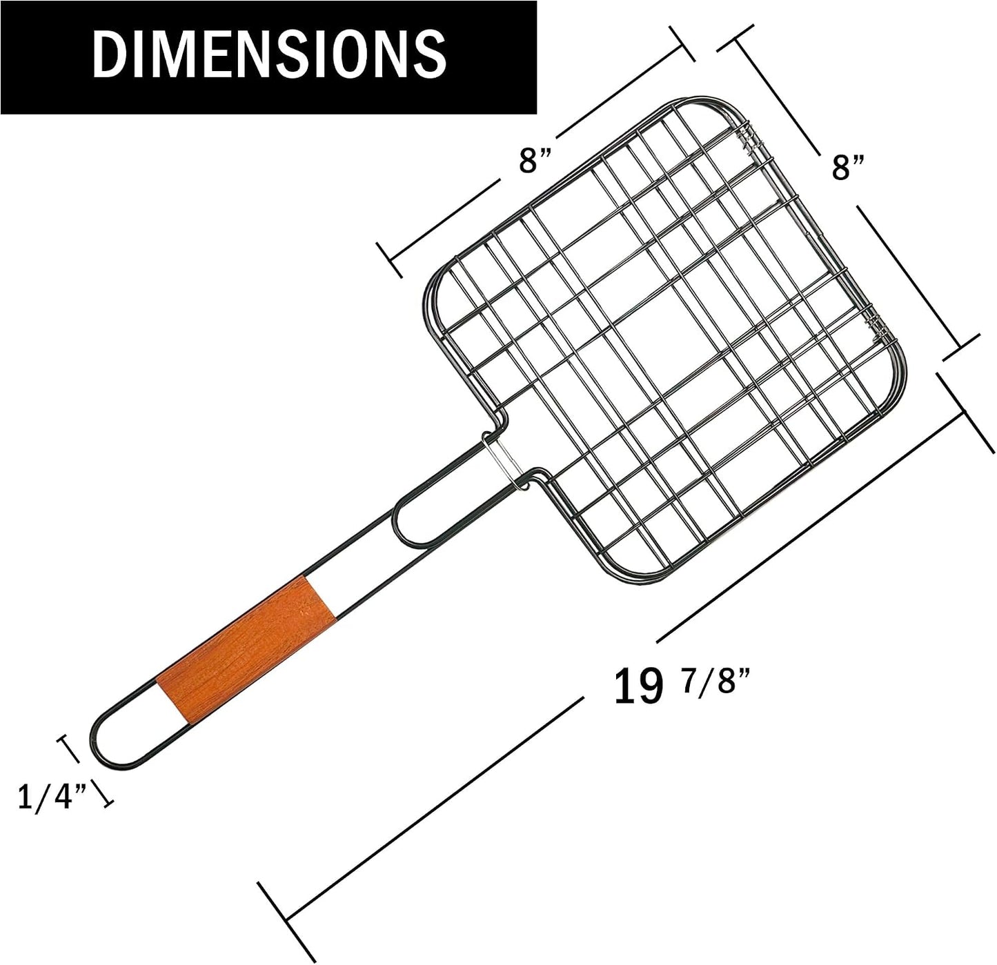 Folding Grilling Basket with Lock and Handle | Fish Basket for Grilling 8” x 8” with 11.25” Handle