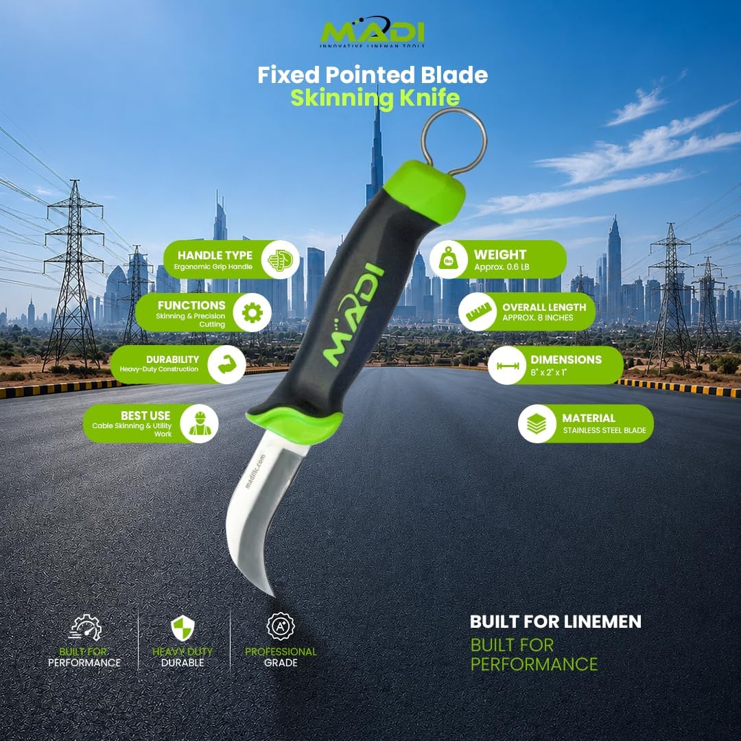 MADI FBSK-1 Fixed Blade Skinning Knife – Pointed Utility Blade for Linemen, Electrical & Utility Work