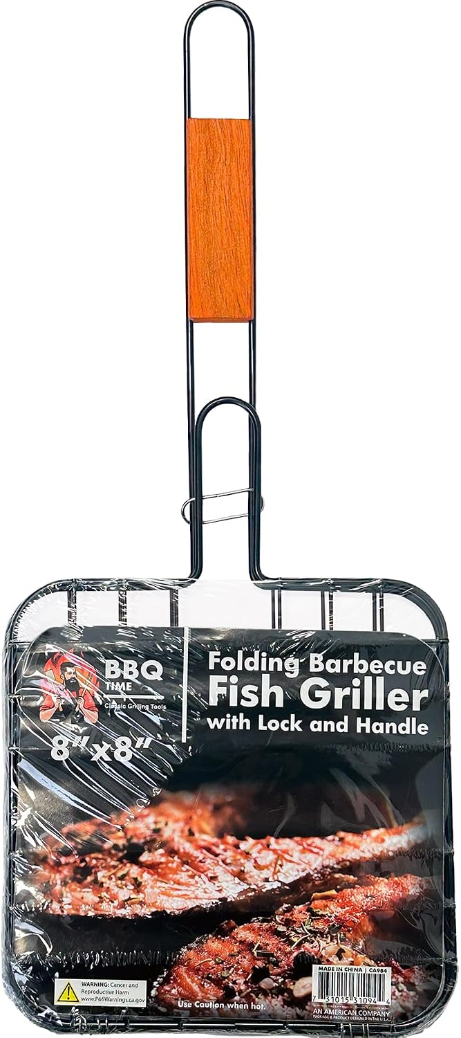 Folding Grilling Basket with Lock and Handle | Fish Basket for Grilling 8” x 8” with 11.25” Handle