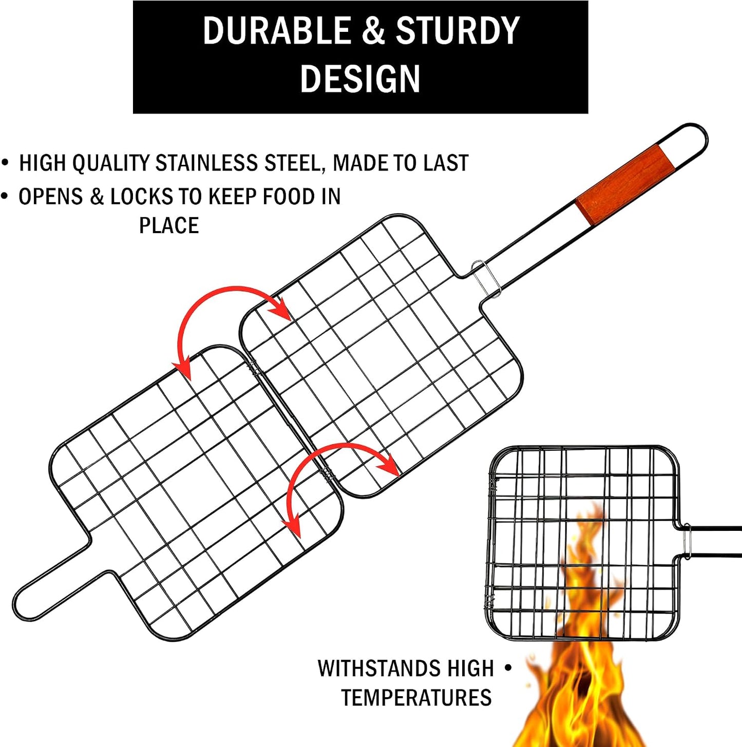 Folding Grilling Basket with Lock and Handle | Fish Basket for Grilling 8” x 8” with 11.25” Handle