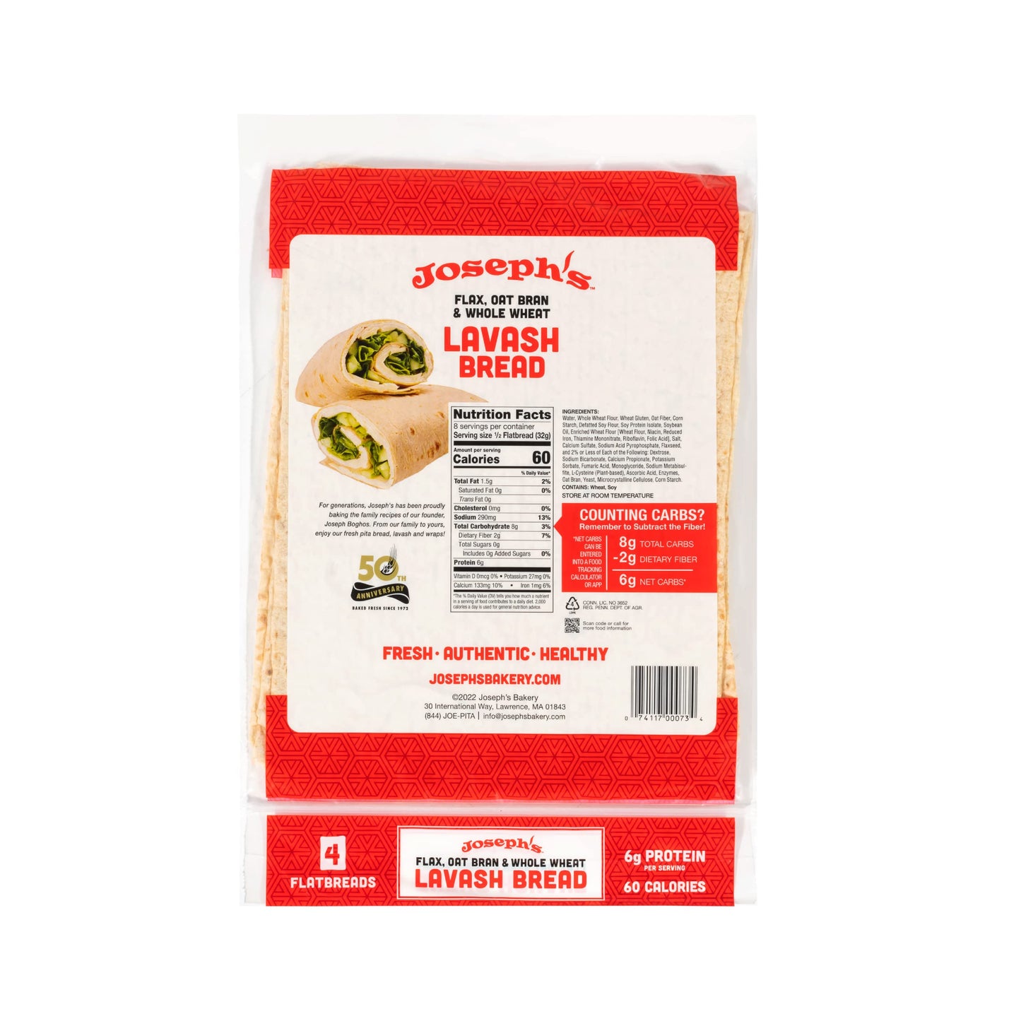 Joseph's Bakery Lavash Bread, Flax Oat Bran & Whole Wheat, Reduced Carb, Fresh Baked (8 Count Flax)