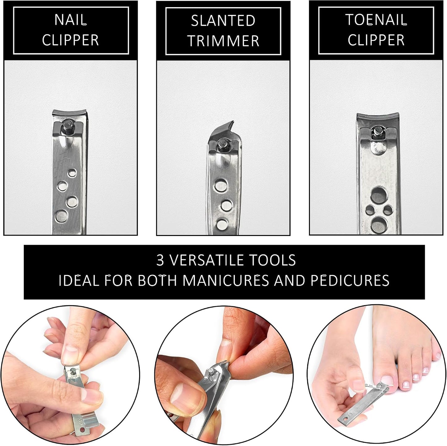 3 Pack Nail Cutter Set | Fingernail Clipper Set with Precision Steel Blades | Nail Clipper, Toenail Clipper, and Slanted Trimmer