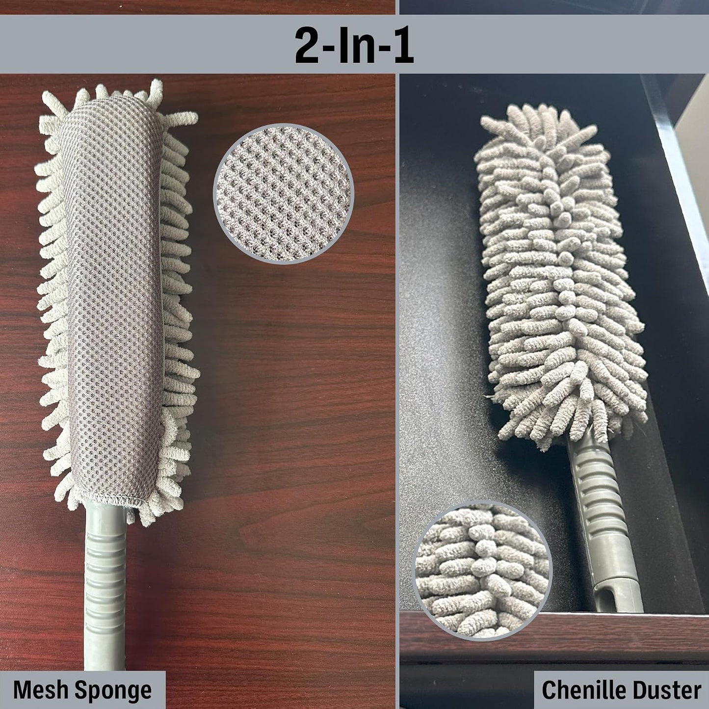 2-in-1 Chenille Car Interior Duster & Mesh Sponge with Handle | Car Duster for Wet & Dry Cleaning & Reusable