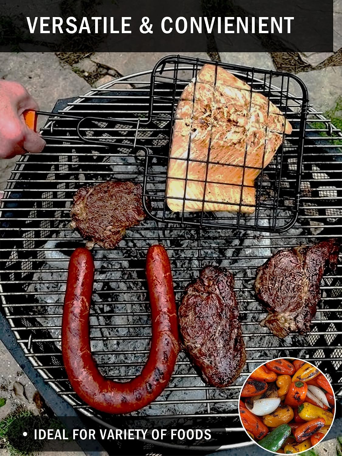 Folding Grilling Basket with Lock and Handle | Fish Basket for Grilling 8” x 8” with 11.25” Handle