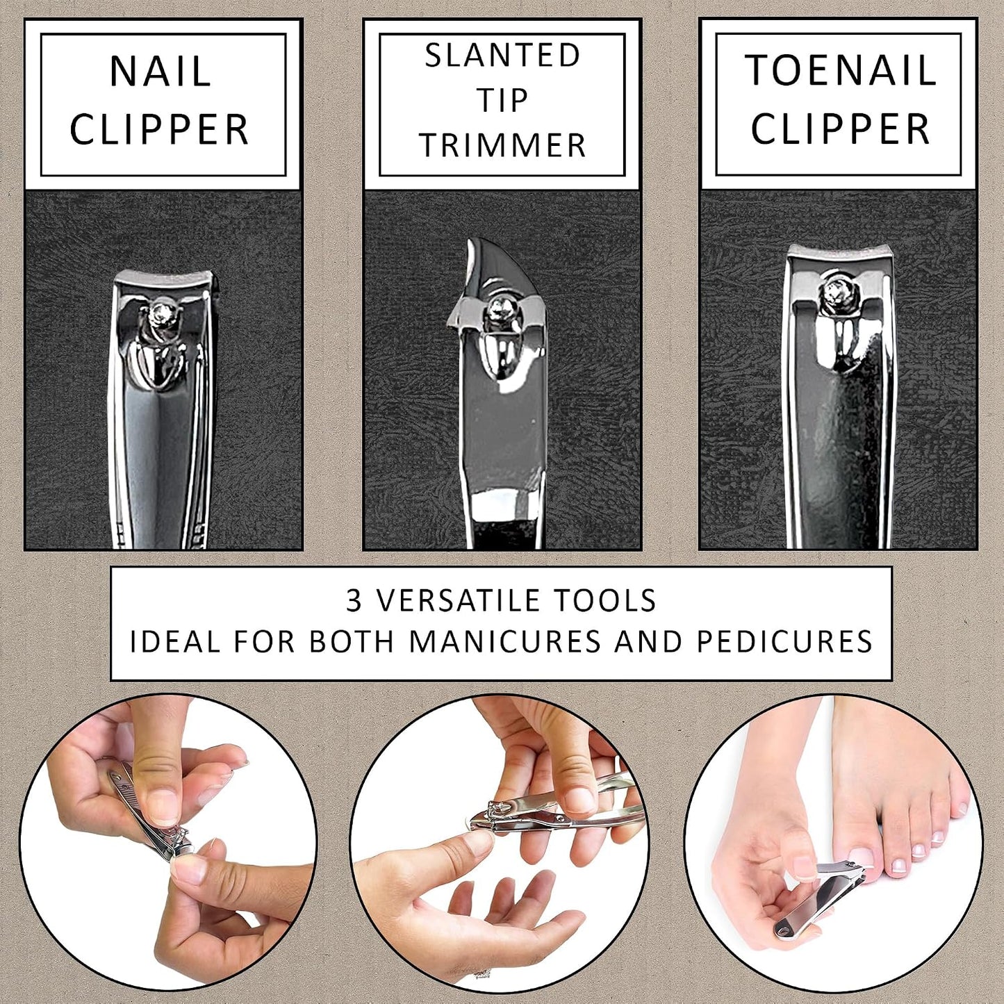 3 Piece Fingernail Clipper Set | Precision Crafted Nail Cutter Tool Set Includes Nail Clipper, Toenail Clipper, Slant Tip Nail Trimmer