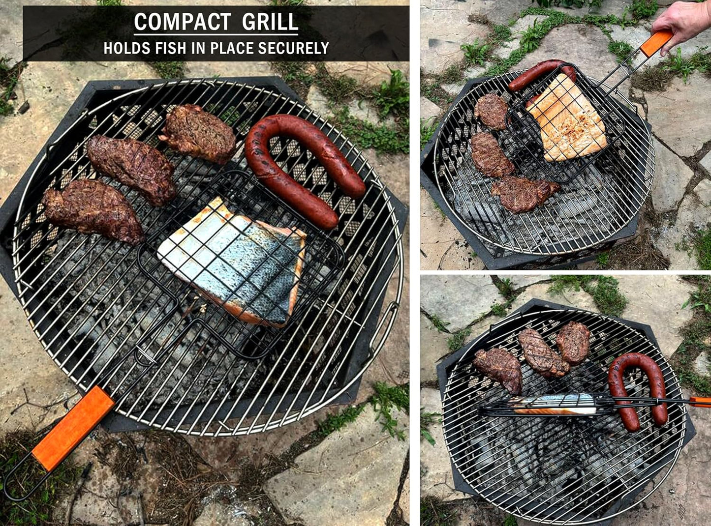 Folding Grilling Basket with Lock and Handle | Fish Basket for Grilling 8” x 8” with 11.25” Handle