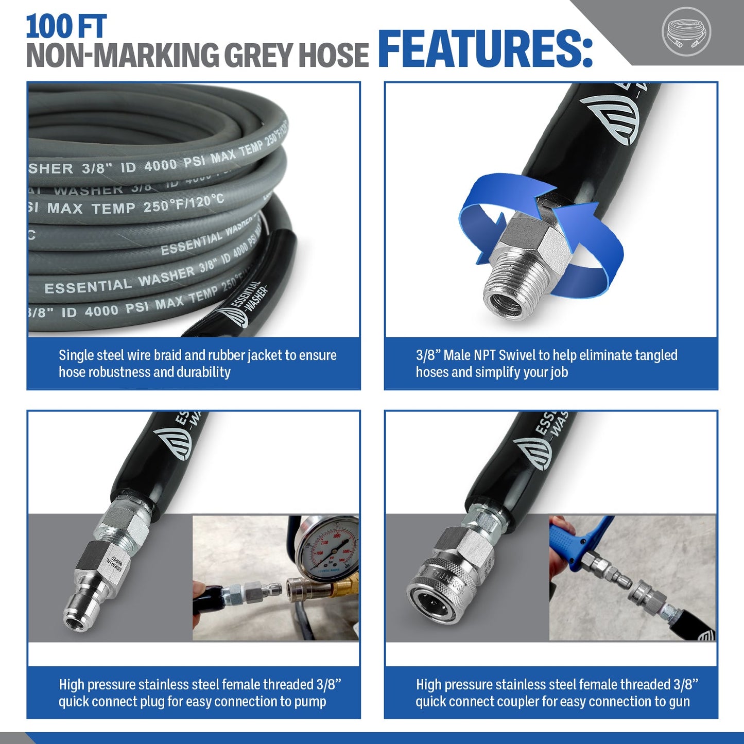 100 FT Grey Pressure Washer Hose | 3/8" Flexibility With Stainless Steel Fittings