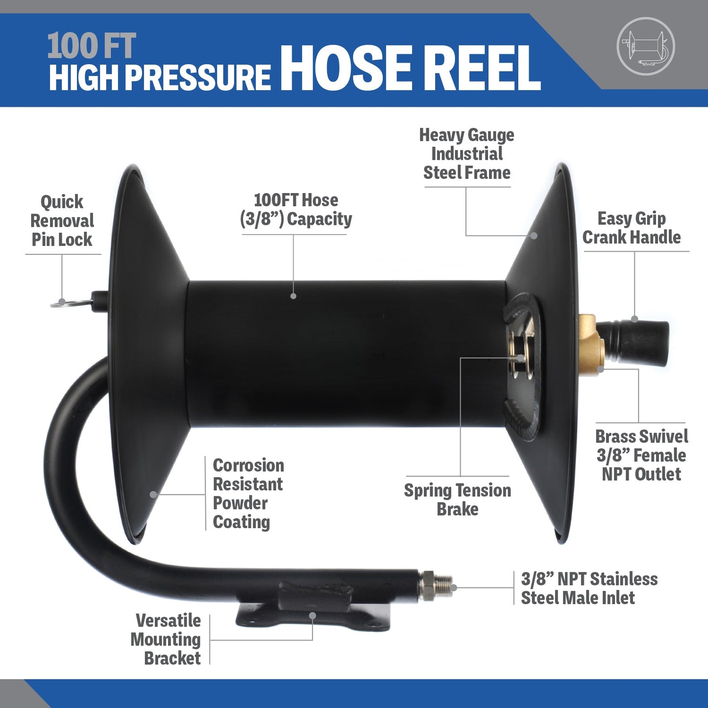 Pressure Washer 100 FT Hose Reel | High Pressure Commercial Grade