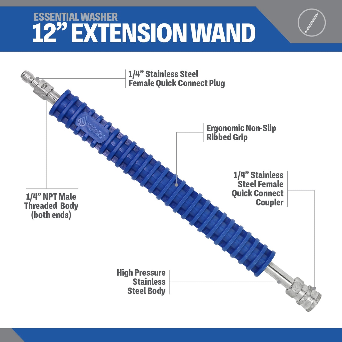 12" Professional Grade Pressure Washer Extension Wand | Stainless Steel With Fittings